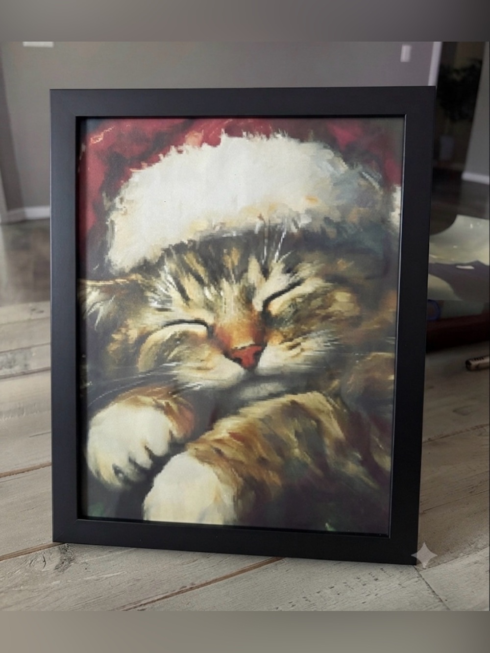 Festive Cat in Santa Hat Framed Art 8x10”